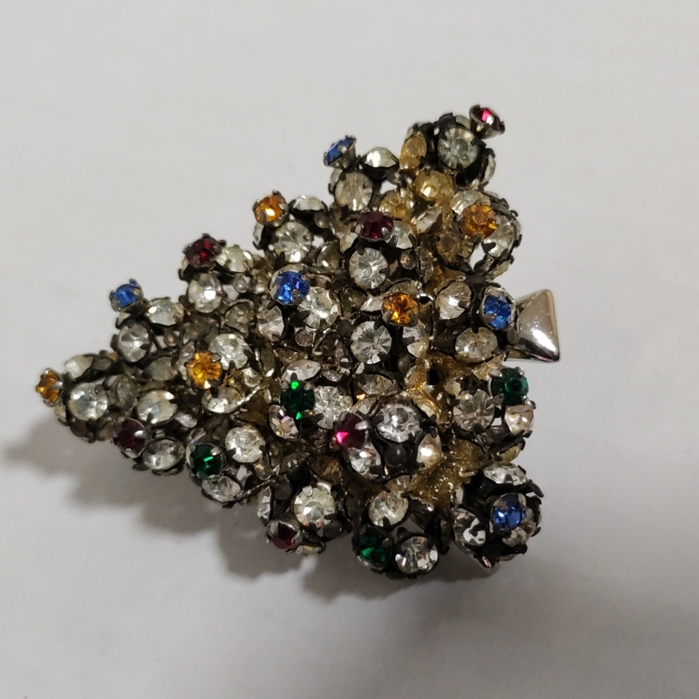 Vintage brooch pin Christmas tree multicolor rhinestone silver tone brooch pin